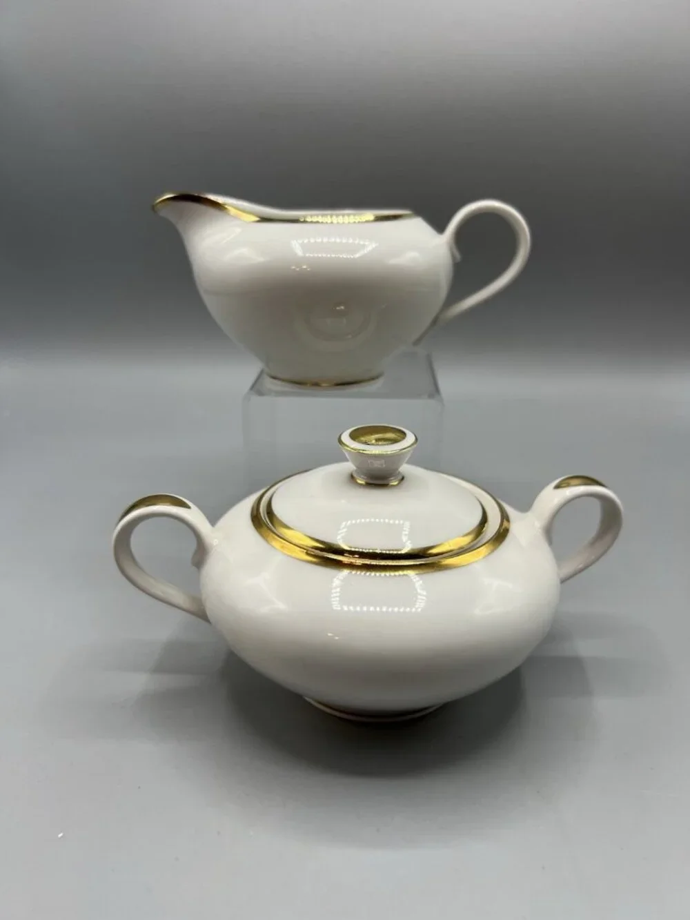 Bavarian Germany Sugar Bowl and Creamer Set 1960s White Gold Band Fine Dining